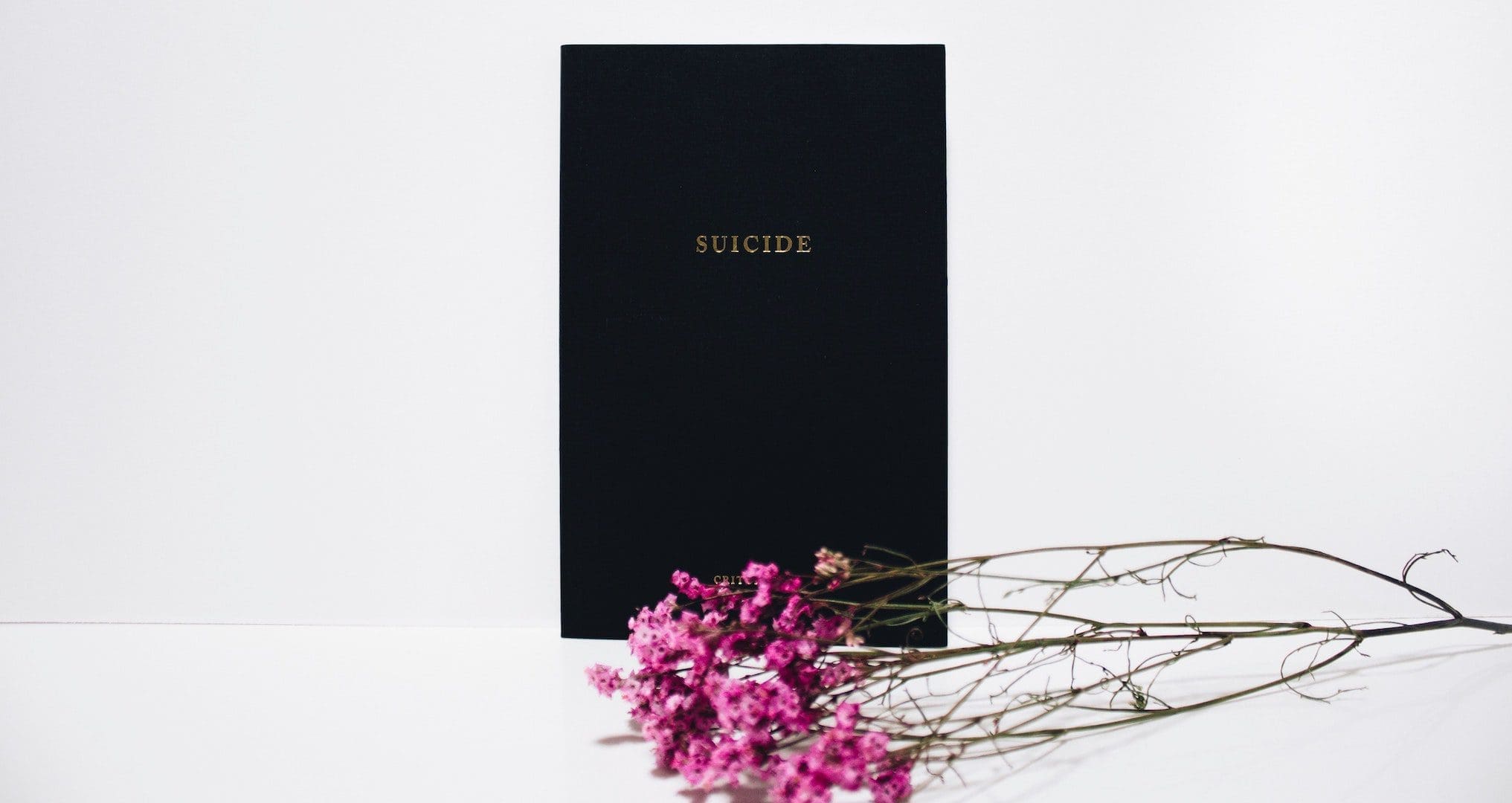 black book with the word suicide on the front with pink flowers