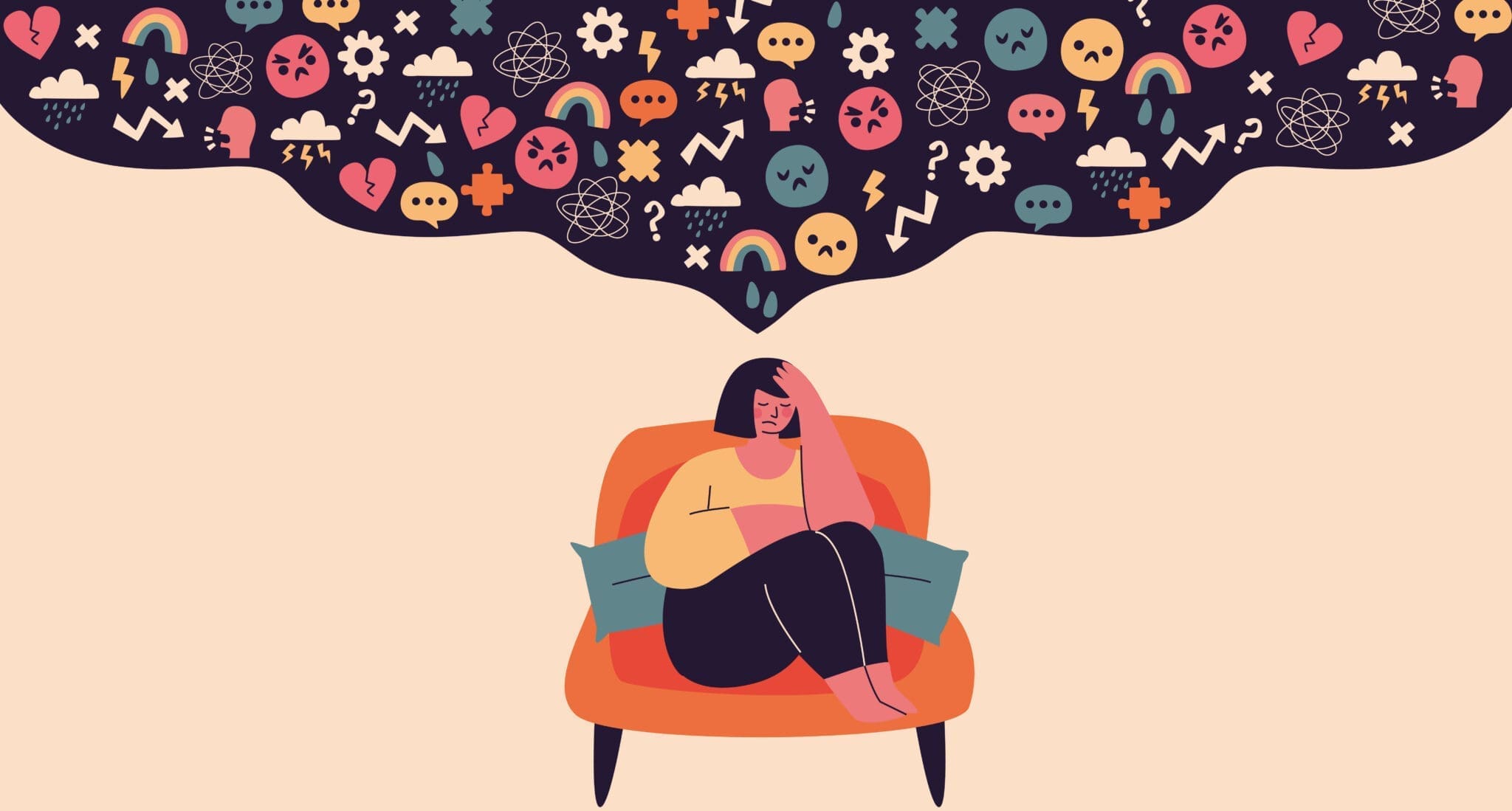 woman on chair with so many thoughts