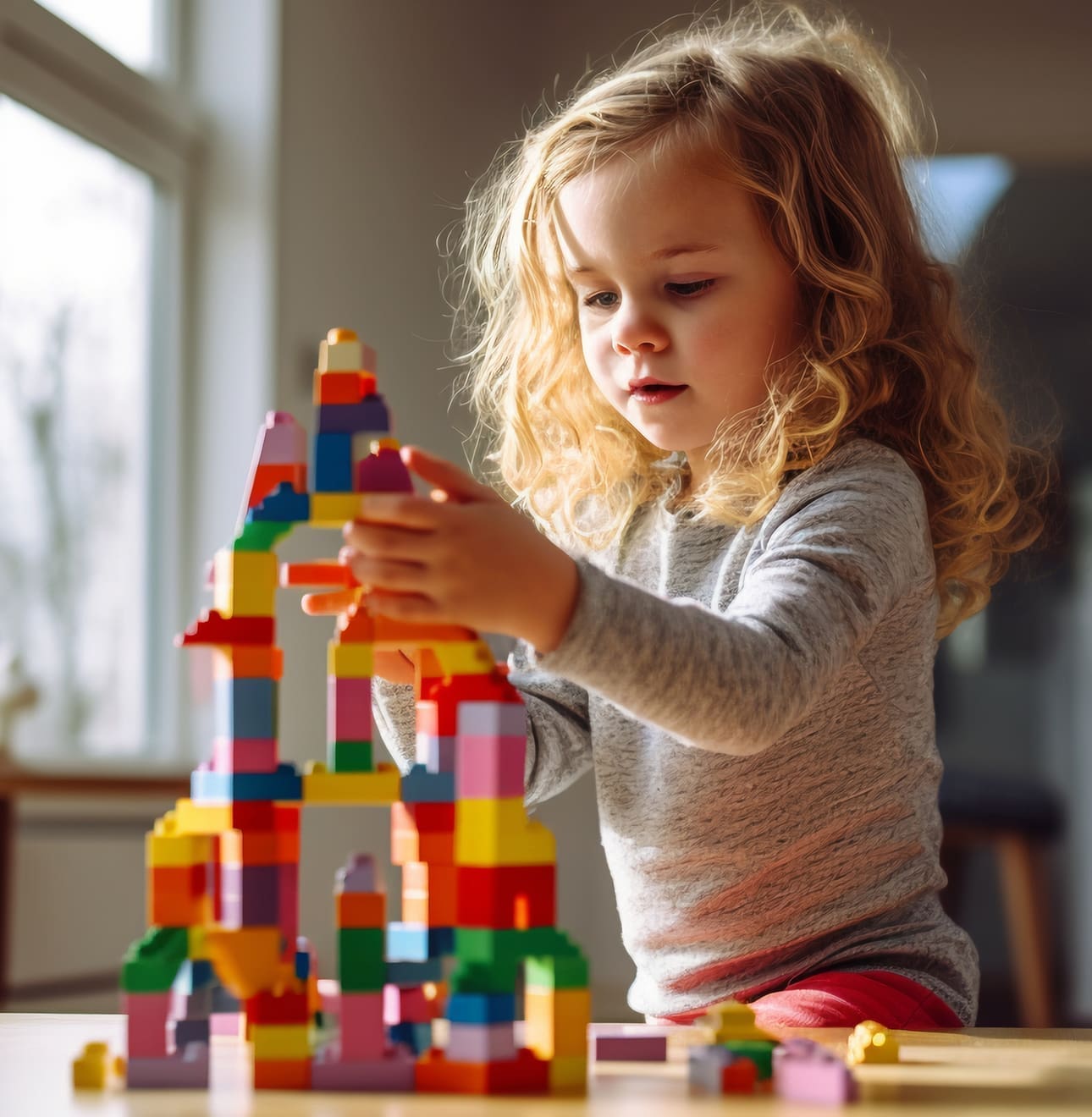 child builing a lego tower