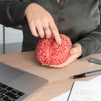 person pointing brain model, and brain waves person pointing brain model, and brain waves